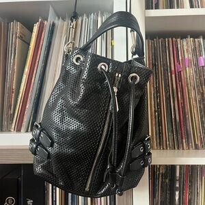 Rebecca Minkoff Fiona | Black Genuine Leather Bucket Bag |Crossbody | silver